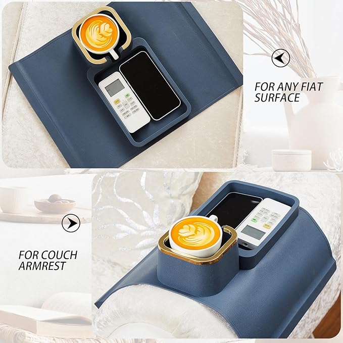 1 Pc Couch Cup Holder Tray Silicone Anti-Spill Anti Slip Sofa Armrest Drink Holder Weighted Couch Caddy Recliner Arm Table for Remote Controls, Phones, Cups and Snacks (Blue)