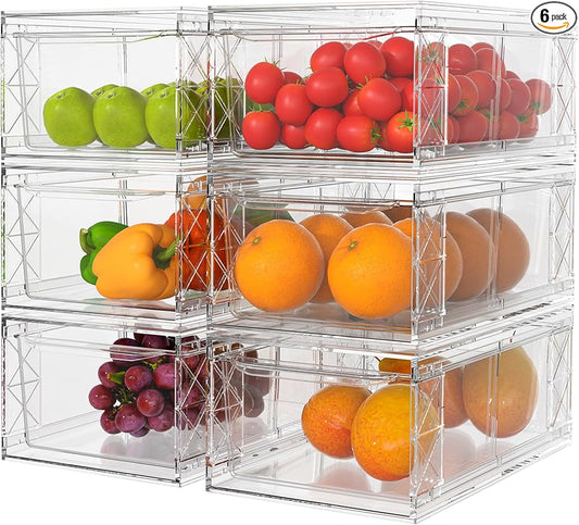 6 Pack Stackable Storage Drawers,Clear Fridge Organizer with Handles and Movable Dividers,Pull-Out Acrylic Drawer Organizer for Pantry, Bathroom,Kitchen Undersink,Cabinet
