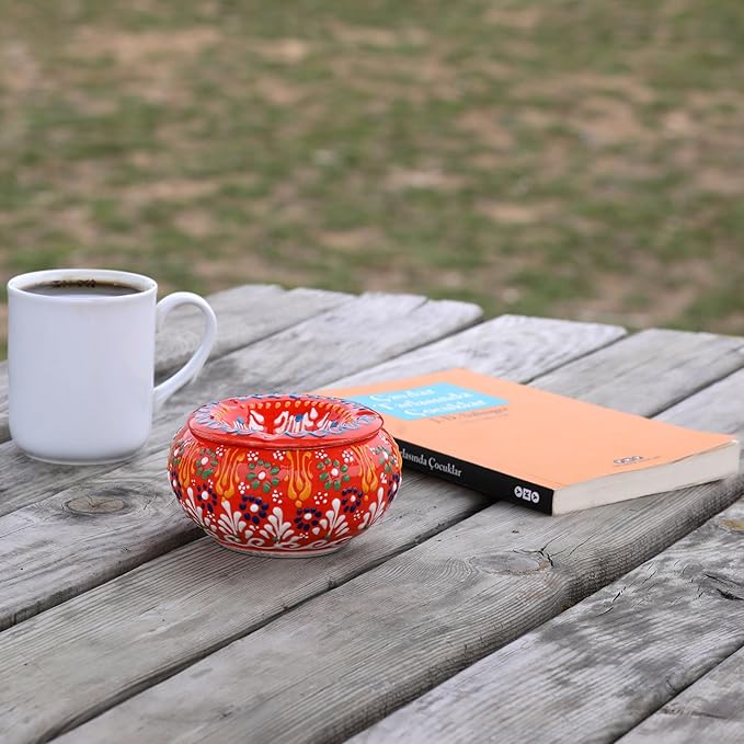 Decorative Ceramic Jar-Colorful Decorative Jar with Lid-Handmade Small Decorative Jar-Windproof Unique Jars-Turkish Home Decor (Orange)