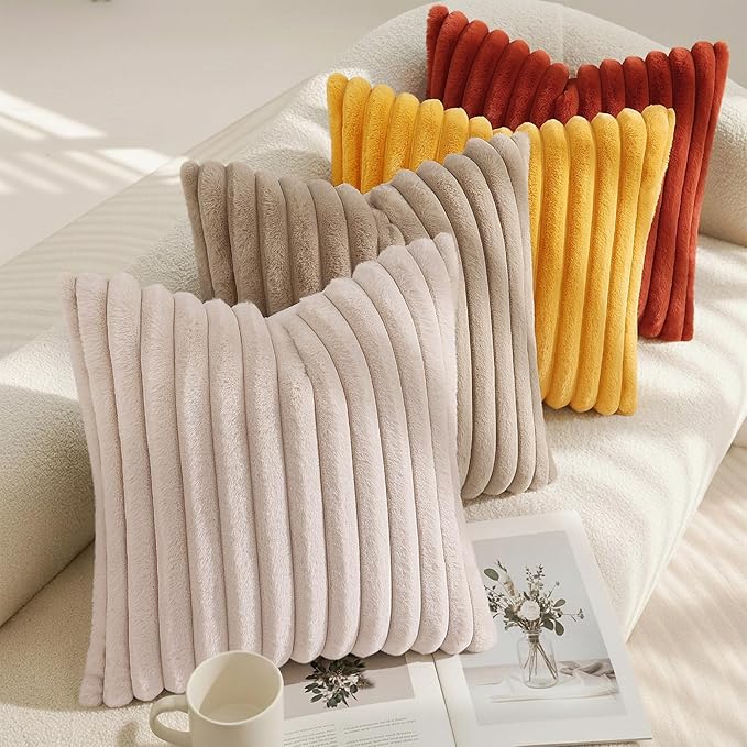 decorUhome Summer Cozy Faux Fur Throw Pillow Covers 18x18 Set of 2 Decorative Soft Plush Striped Modern Farmhouse Boho Couch Pillow Cases with Velvet Back for Sofa Bed Living Room, Beige