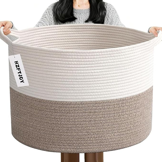 90L Extra Large Blanket Basket,Rope Woven Storage Basket with Handles, Laundry Hamper for Toys, Clothes, Pillows & Towels, Perfect for Living Room, Nursery & Bedroom, White & Brown
