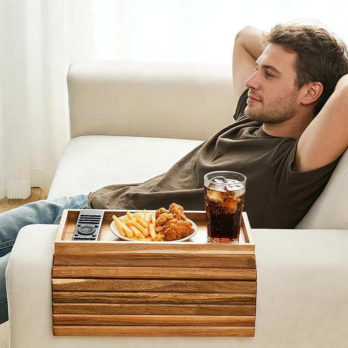 LOVYANXUE Acacia Wood Sofa Arm Tray, Foldable Couch Armrest Table with Anti-Slip Pad, Couch Arm Tray & Cup Holder for Drinks, Coffee, Snacks, Phone, Remote Control
