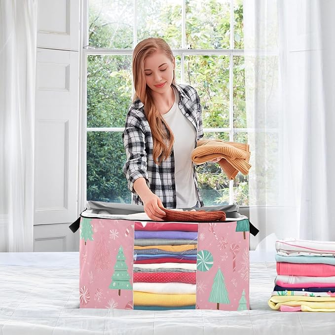 OTVEE Christmas Trees with Snowflakes Clothes Storage, 60L Foldable Storage Containers for Organizing Bedroom, Closet, Clothing, Comforter, Organization and Storage with Lids and Handle