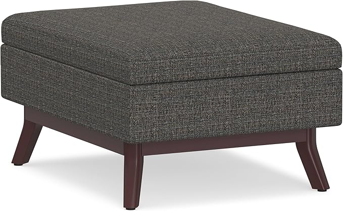 SIMPLIHOME Owen Coffee Table Storage Ottoman - 34" Wide x 19" High Upholstered Tweed Look Fabric Rectangular Lift-Top Ottoman in Ebony, Mid-Century Modern Bench for Living Room with Tapered Legs