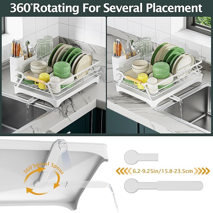 Epicano Dish Drying Rack for Kitchen Counter,Space-Saving Dish Rack,Rustproof Dish Drainer with Utensil Holder and Knife Slots for Sink,Kitchen Drying Rack with Wooden Handle and Cup Holder,White