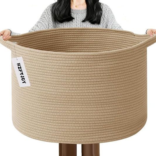 65L Extra Large Woven Cotton Rope Blanket Basket with Handles, Laundry Hamper Storage Bin for Pillows, Comforters,Clothes, Toys, Nursery, Bedroom and Living Room Organization,Camel