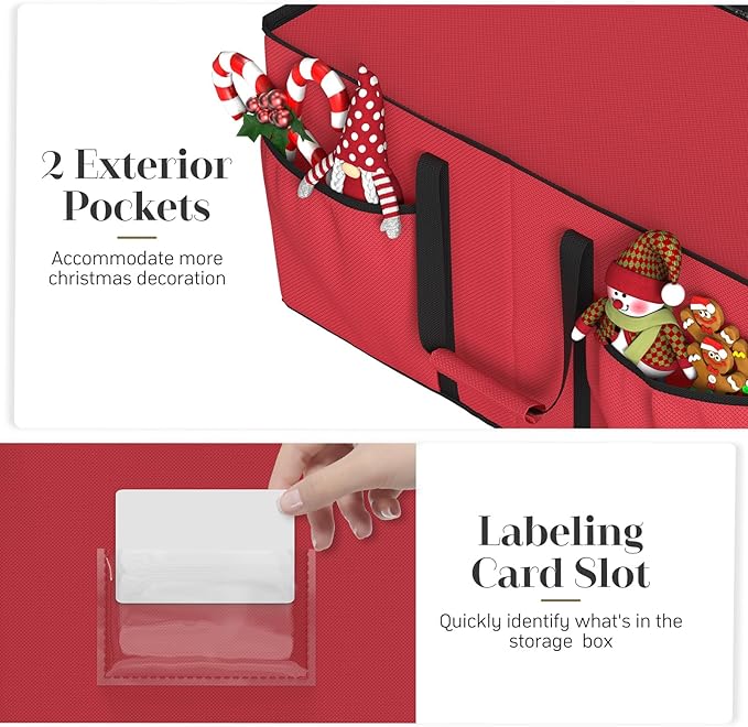 Winpull Christmas Ornament Storage Box with 8 Trays, Christmas Storage Container for 128-3'' Holiday Ornament Decorations, Large Xmas Organizer with Adjustable Dividers, Dual Zipper and Pocket - Red