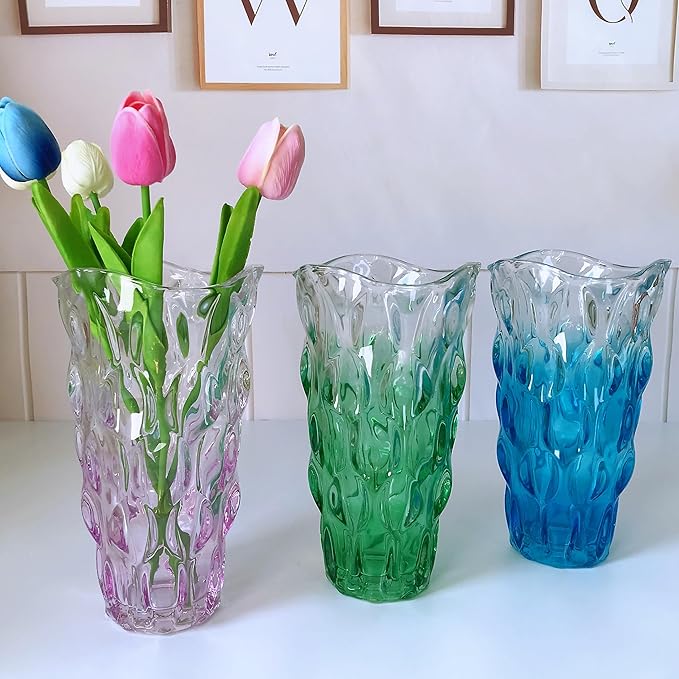 Unbreakable Flower Glass Vase 3.5lb 9.5inch Sparkle vase Bohemian Style, for Centerpieces,Kitchen,Office, Living Room,Wedding,Perfect Home Decor Glass Vase (Gradient Pink)