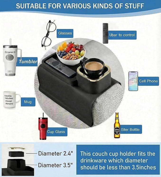 Luxury Silicone Couch Cup Holder Tray with Gold Trim, Anti-Spill Sofa Armrest Organizer, Weighted Non-Slip Recliner Tray Table for Drinks, Remote and Phone - Fits Most Couch Arms,Gift for family,Black