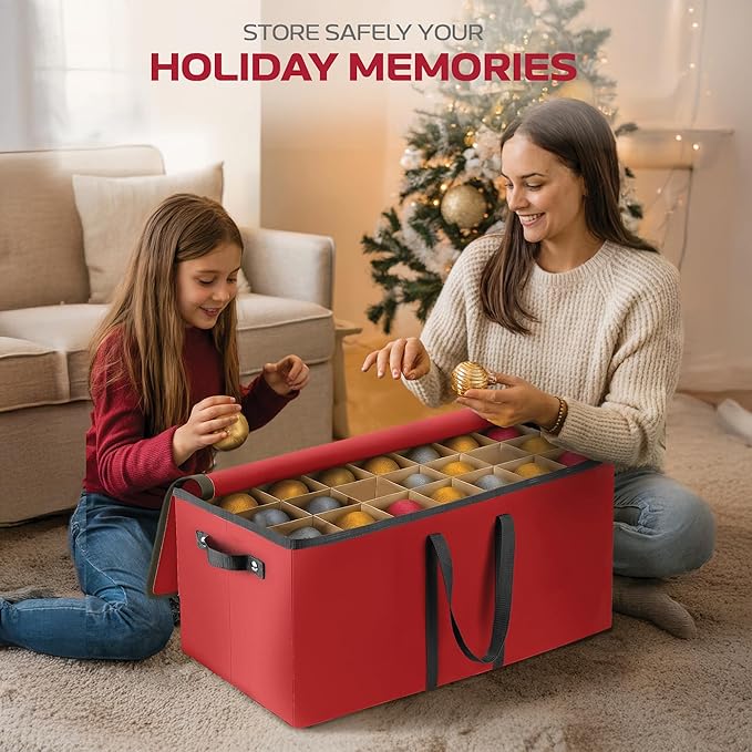 Large 128 Christmas Ornament Storage Box, Adjustable Compartment Dividers, Dual Zipper, Stackable Holiday Decorations Organizer with Lid, Xmas Durable Fabric Bin, Reinforced Handles Space-Saving (Red)