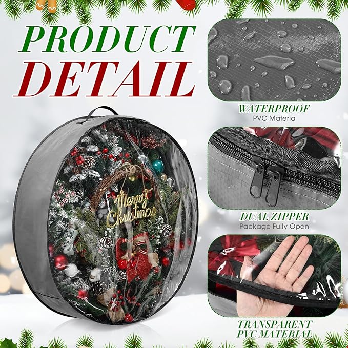 Aliceset 4 Pack Wreath Storage Containers, Ornament Garland Wreath Storage Bags with Handle Zipper Decorative Storages Box for Winter Valentine Wreaths(36 x 36 x 7.8 Inch,Gray)