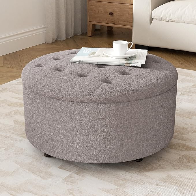 30 Inch Round Storage Ottoman,Modern Tufted Ottomans,Circular Coffee Table with Removable Top,Upholstered Large Ottoman with Storage Footrest Stool for Bedroom Living Room (Teddy Brown)