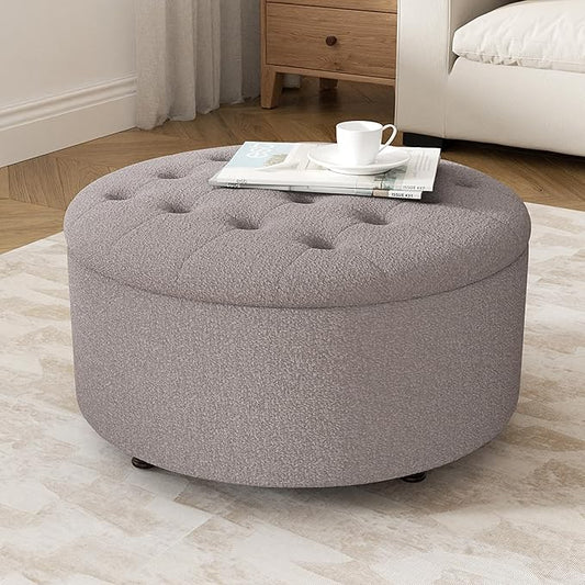 30 Inch Round Storage Ottoman,Modern Tufted Ottomans,Circular Coffee Table with Removable Top,Upholstered Large Ottoman with Storage Footrest Stool for Bedroom Living Room (Teddy Brown)