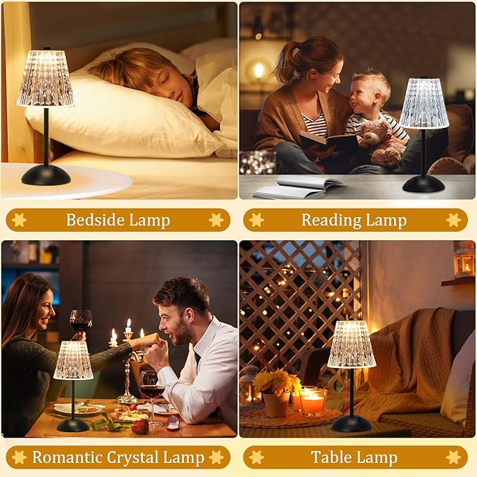 Nusogon Cordless Touch Table Lamp, 3500mAh Rechargeable Small Dask Lamp, 3 Colors Dimmable Battery Operated Crysta Lamp for Bedroom Restaurant Kitchen Home Decor, Black, 2pcs