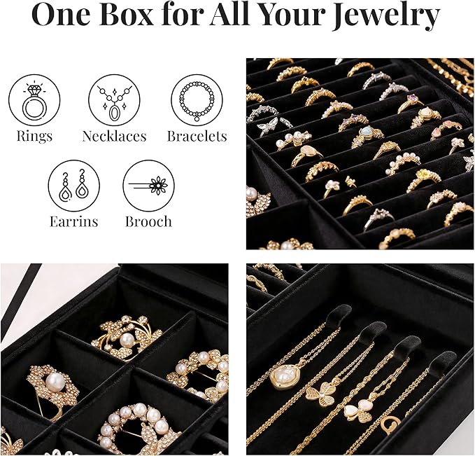 bussdis Glass Lid Jewelry Organizer Box – Black Velvet Jewelry Case with Ring Slots, Necklace Hooks & Removable Compartments for Earrings, Rings & Bracelets