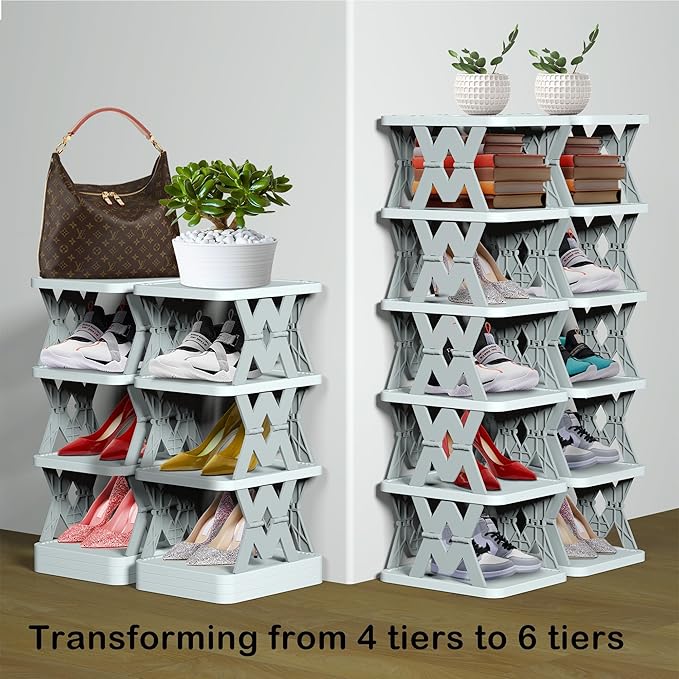 Shoe Rack, 6 Tier Shoe Organizer Without Assembly, Foldable Small Shoe Rack Space Saving, Collapsible Shoe Organizer for Entryway, Front Door Entrance, Kids, Bedroom, White