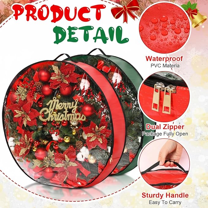 Aliceset 4 Pack Wreath Storage Containers, Ornament Garland Wreath Storage Bags with Handle Zipper Decorative Storages Box for Winter Valentine Wreaths(36 x 36 x 7.8 Inch,Red, Green)