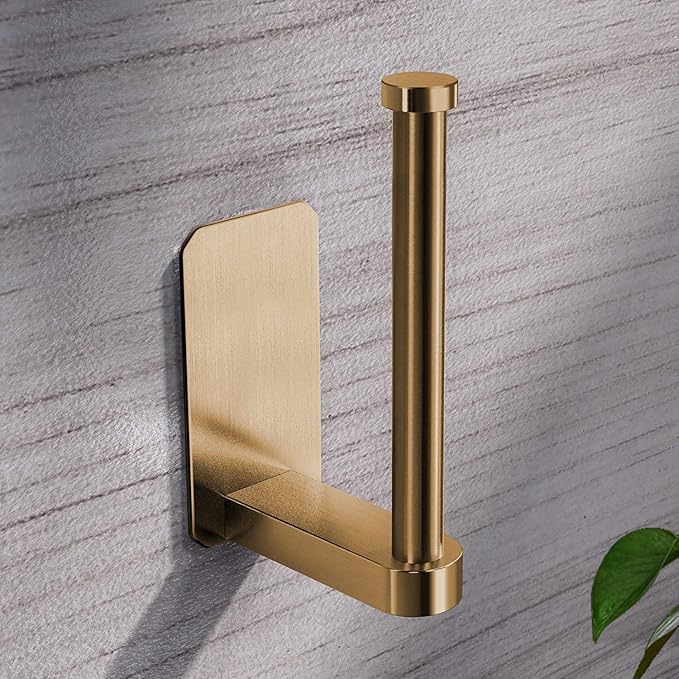 VAEHOLD Toilet Paper Holder Self Adhesive Kitchen Washroom Adhesive Toilet Roll Holder No Drilling for Bathroom Stick on Wall Stainless Steel Brushed (Gold)