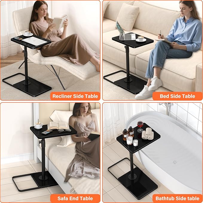 TV Tray Table for Couch - Adjustable Height & 360°Swivel Panel Design，Larger Metal and Wooden Base to Prevent Slipping，Sofa Armrest Tray Table for Eating Laptop Couch Bed Dinner or Small Space