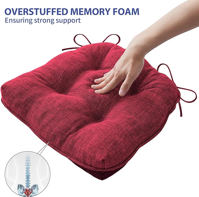 IPYNBAP Chair Cushions for Dining Chairs Set of 4, Red Kitchen Chair Cushions, Chair Pads with Ties and Non Slip Backing, Christmas Room Decor, Tufted Memory Foam Seat Cushion 4 Pack, 18"x18"x4"