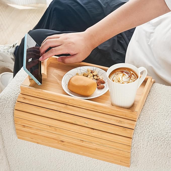 LOVYANXUE Bamboo Sofa Arm Tray, Anti Falling Couch Arm Tray Armrest Table with 360° Rotating Phone Holder, Foldable and Portable Sofa Armrest Trays Cup Holder for Drink,Cups, Phone, Snacks, Remote