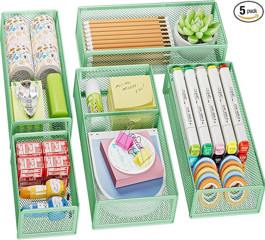 Marbrasse 5 Pack Desk Drawer Organizer Set, Mesh Drawer Storage Trays with 1 Adjustable Divider, Desk Organizers and Accessories, 5 PCS Drawer for Office Supplies, Makeup & Vanity (Green)