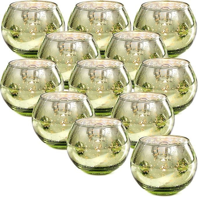 LAMORGIFT 12 Pcs Green Candle Holder for Wedding Decor- Sage Green Mercury Glass Votives for Bridal Shower, Tea Party Table Centerpieces, Vintage Rustic Wedding