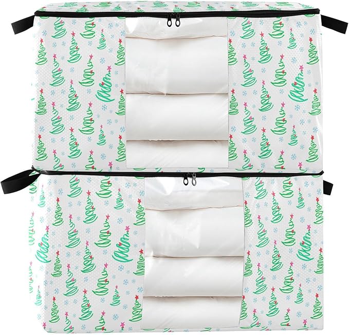 Burbuja Christmas Tree Clothes Storage Bag with Lids and Handle, 2 Pack Foldable Blanket Storage Container with Sturdy Zipper & Clear Window for Bedroom Closet, 60L
