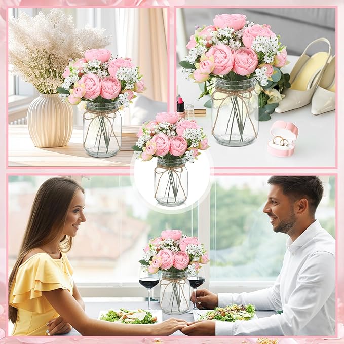 Zeyune 6 Sets Mason Jar Centerpiece Table Decorations, Artificial Peony Baby's Breath Flower Bouquets, Faux Flowers with Vase, Rustic Decor Gifts for Home, Wedding, Holiday (Light Pink)