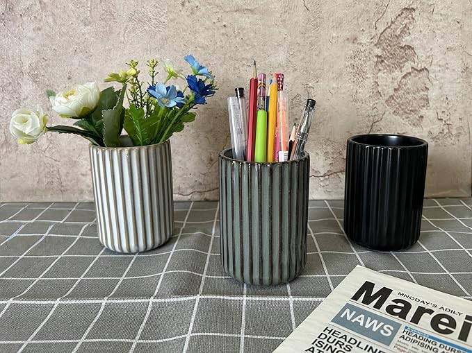 TOPYOKK Stoneware Coffee Bar Utensil Holder Tea & Coffee Spoon & Stirrer Holder for Stir Stick Straw Teaspoon Holder Spoon Cup Small Utensil Jar Fluted Vertical Stripe (Retro White)