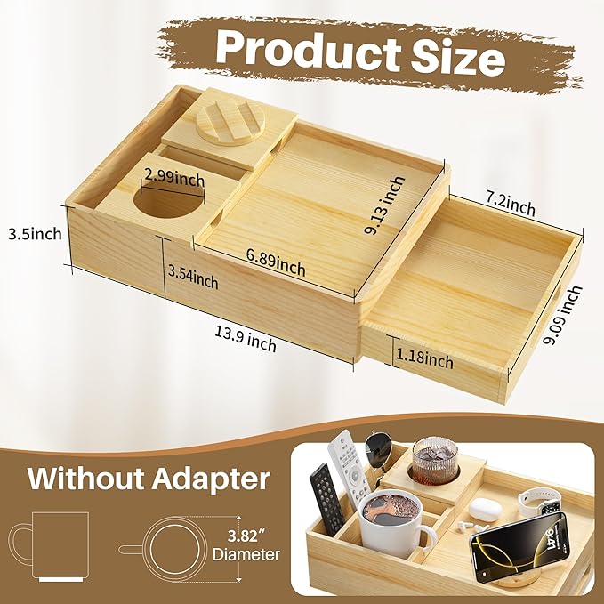 Couch Cup Holder, 7-in-1 Couch Caddy Tray, Sofa Side Table with Push-Pull Drawer to Organize and Store Small Objects, 360°Swivel Phone Holder, for Drinks, Cups, Snacks, Remote