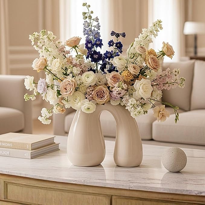 PROBENEX Cream White Ceramic Decorative Pitcher Vase, 7.5 in – Glossy Sculptural Arch-Handle, Modern Home Décor Accent for Fresh or Dried Floral Arrangements, Table/Shelf/Entryway, Giftable