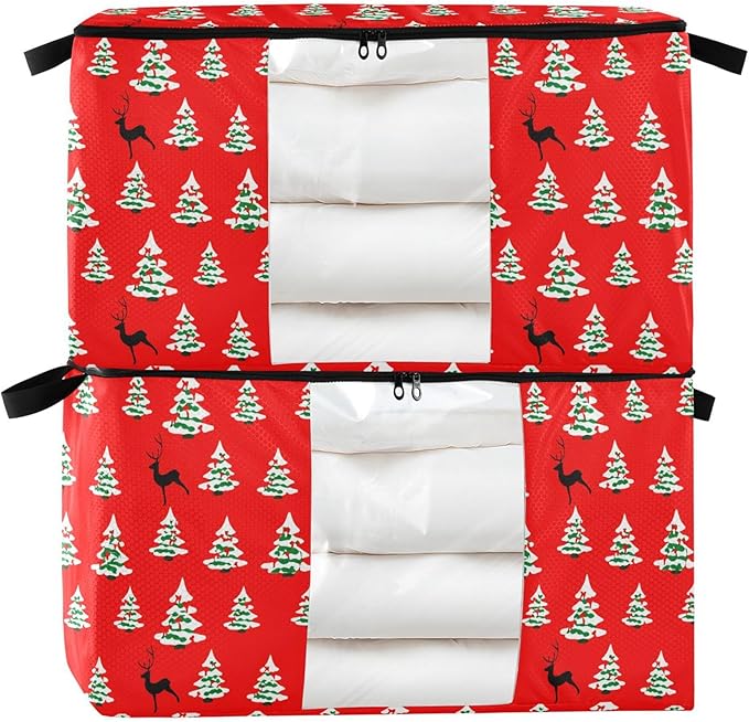 Burbuja Christmas Tree Clothes Storage Bag with Lids and Handle, 2 Pack Foldable Blanket Storage Container with Sturdy Zipper & Clear Window for Bedroom Closet, 60L