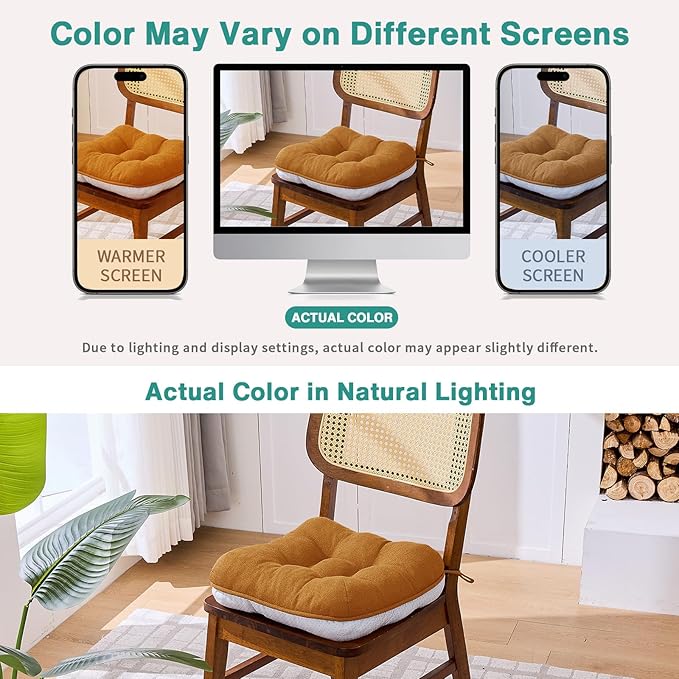 BETU Chair Cushions for Dining Chairs Set of 6,3.5" Thick Kitchen Table Chair Pads with Ties,Non Slip Backing and Covers, Seat Cushion for Dining Room,Bar,Patio Chairs,16"X16"X3.5",Caramel