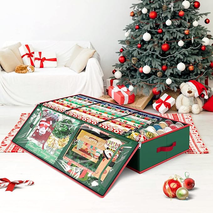 Fabspace Christmas Wrapping Paper Storage Containers, 40 Inch Gift Wrap Organizer, Visible Supplies Pockets for Xmas Accessories, Underbed Storage for Christmas Decorations, Green