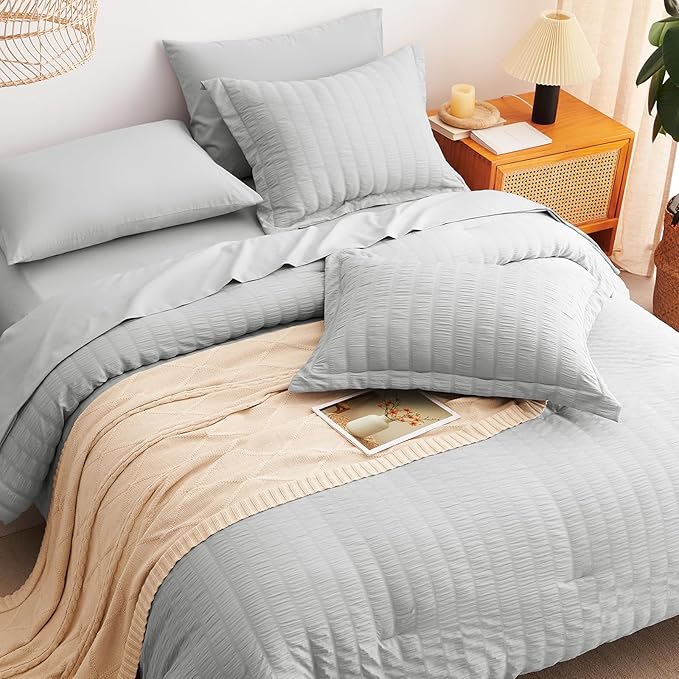 CozyLux Queen Comforter Set Light Grey Seersucker 7 Pieces Bed in a Bag Queen Comforter Set with Sheets, Light Gray Luxury Soft Bedding Set with Down Alternative Comforter, Sheets, Pillowcases & Shams