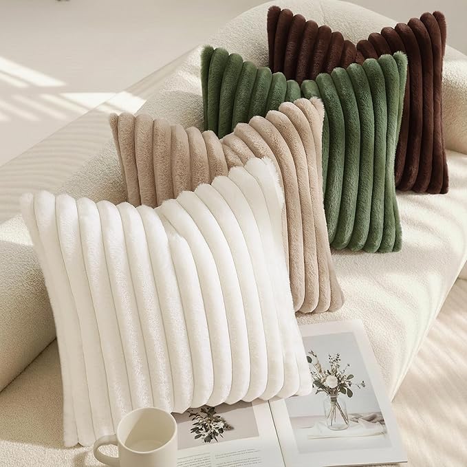 decorUhome Summer Cozy Faux Fur Throw Pillow Covers 20x20 Set of 2 Decorative Soft Plush Striped Modern Farmhouse Boho Couch Pillow Cases with Velvet Back for Sofa Bed Living Room, Cream White