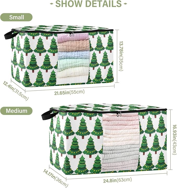 Burbuja Christmas Tree Clothes Storage Bag with Lids and Handle, 2 Pack Foldable Blanket Storage Container with Sturdy Zipper & Clear Window for Bedroom Closet, 60L