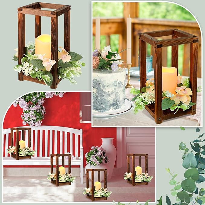 Hushee 60 Pcs Wooden Wedding Lantern Centerpiece Integrated Holders with Candles and Wreaths Rustic Wooden Candle Lantern Decor for Wedding Party Table Valentine Decor (Brown)