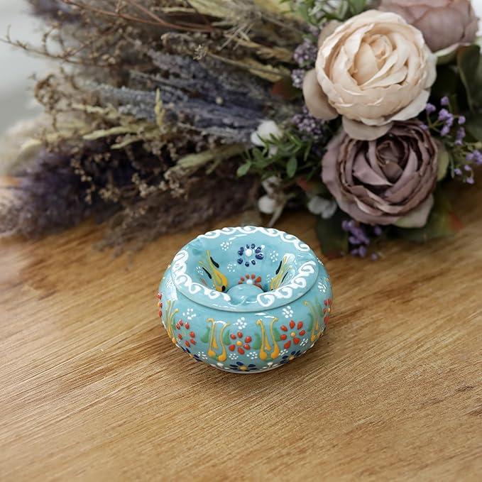 Decorative Ceramic Jar-Colorful Decorative Jar with Lid-Handmade Small Decorative Jar-Windproof Unique Jars-Turkish Home Decor (Turquoise)