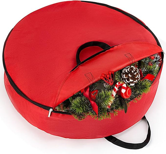 24 Inch RAINFLOW Christmas Wreath Storage Container - Heavy Duty Wreath Storage Bag With Handles Red Thickened Nonwoven Fabric Ideal For Household Organization Halloween Holiday Ornament Storage
