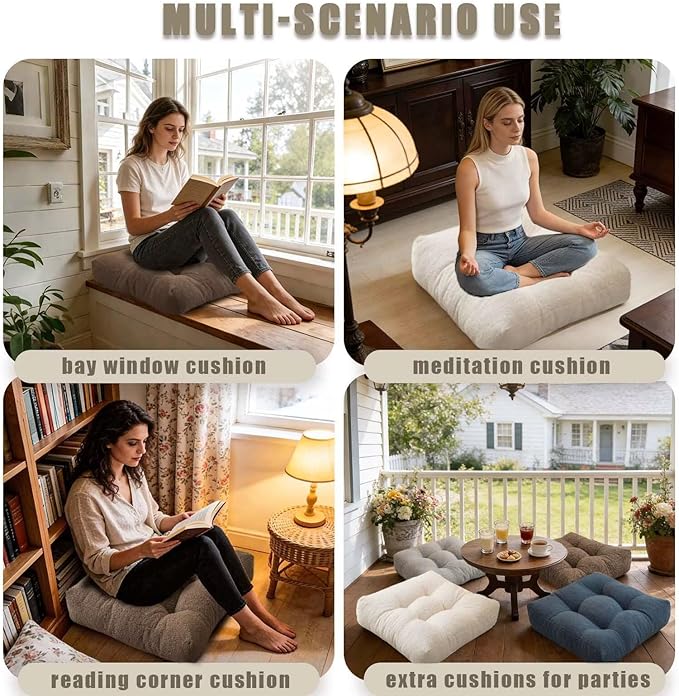 Floor Cushions for Adults Set of 2, Large Meditation Floor Pillows for Sitting on Floor, Thick Square Seat Cushions for Yoga Meditation Reading, Grey 18x18 in