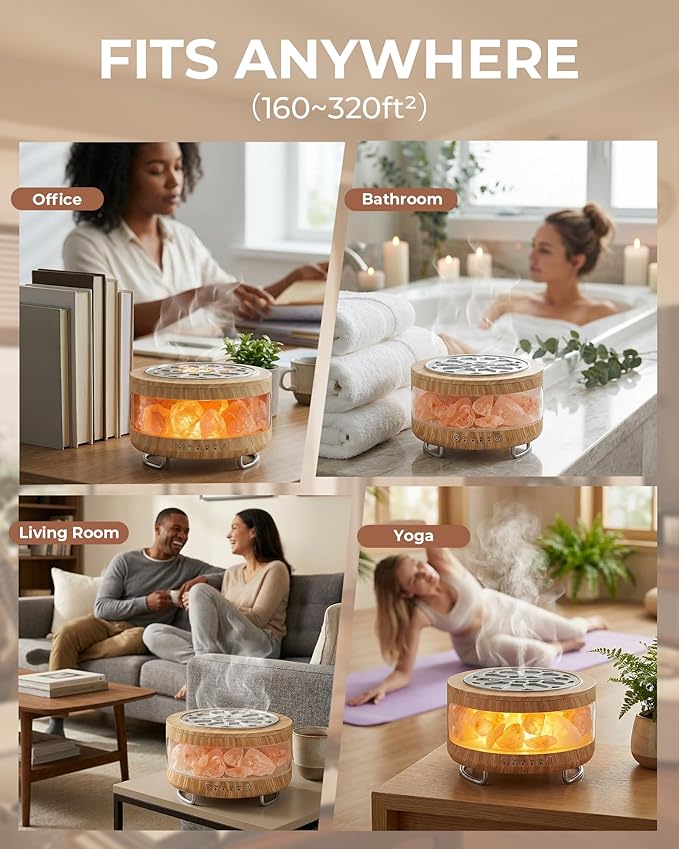 4-in-1 Ultrasonic Essential Oil Diffuser with Himalayan Salt Lamp, Humidifier & 7-Color LED Mood Light, Timer & Auto Shut-Off, Ultra-Quiet Aroma Diffuser for Bedroom, Office & Yoga –Beige