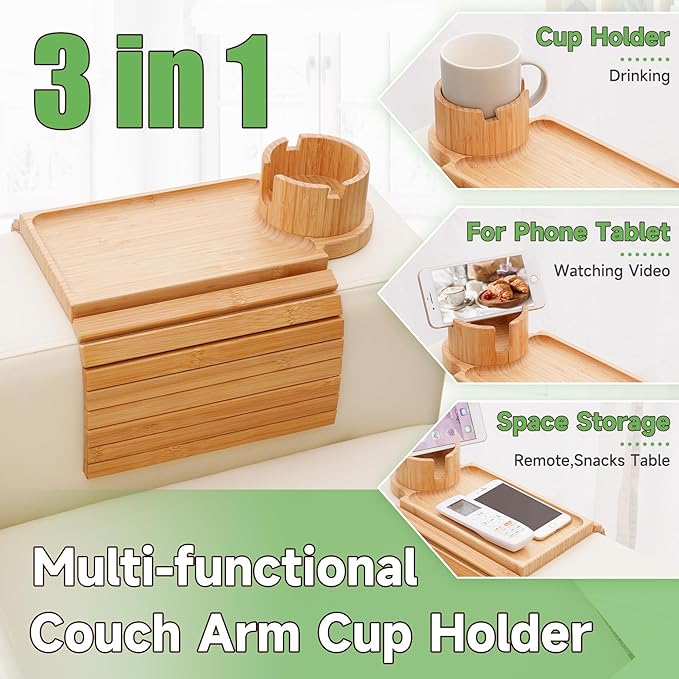 SINWANT Couch Cup Holder Tray,Large Bamboo Couch Armrest Table with Cup Holder,Foldable Anti-Slip Sofa Arm Tray for Coffee Cup,Water Bottles,Mug,Snacks,Remote