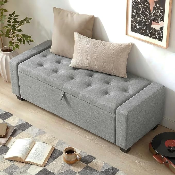 Storage Ottoman Bench, 50" End of Bed Bench with Legs,Storage Chest with Safety Hinge, Modern Entryway Benchs for Living Room, Bedroom, Entryway, Gray
