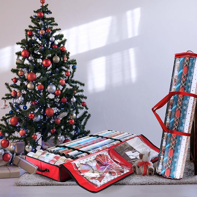 Hearth & Harbor Wrapping Paper Storage Container and Clear Wrap Paper Holder - Christmas Storage Bag with Interior Pockets - Fits Up to 36 Rolls of 40" - Tear Proof, Red