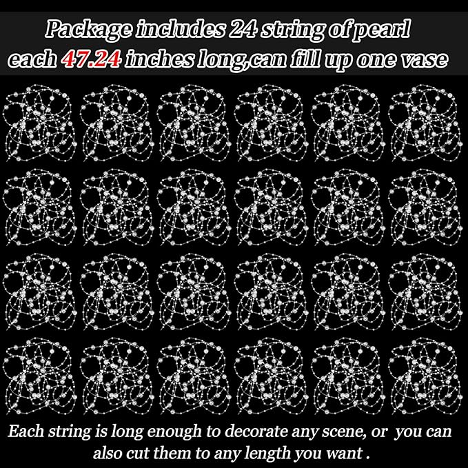 Tondiamo 24 Pcs Artificial Pearl String for Floating Candle Faux Pearls Beads String Garland Centerpiece Decoration for Vases Filler Wedding Spring Holiday Party Decor(Clear)