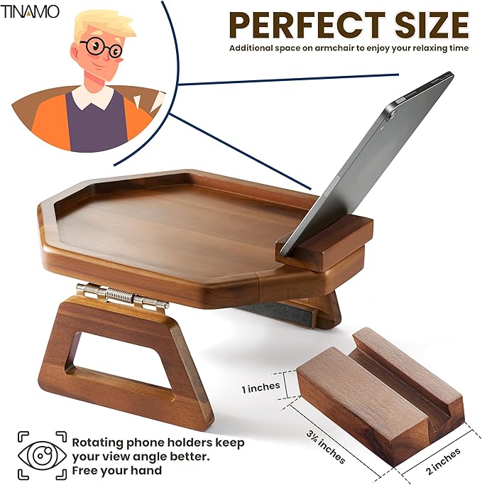 Tinamo Octagonal Acacia Sofa Arm Tray, Couch Armrest Table with Folding Arms - Armchair Caddy, Clip on Tray with Adjustable Arm Hinges for Home Sofa Living Room (Acacia, Octagon Phone Holder)