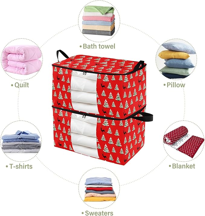 Burbuja Christmas Tree Clothes Storage Bag with Lids and Handle, 2 Pack Foldable Blanket Storage Container with Sturdy Zipper & Clear Window for Bedroom Closet, 60L