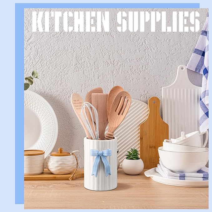 LemonRoad Blue Bow Ceramic Utensil Holder 3D Coquette Cooking Utensil Crock with Scalloped Mothers Day Kitchen Gifts Girly Aesthetic Storage Caddy Organizer Vase Decor for Kitchen Housewarming Gift